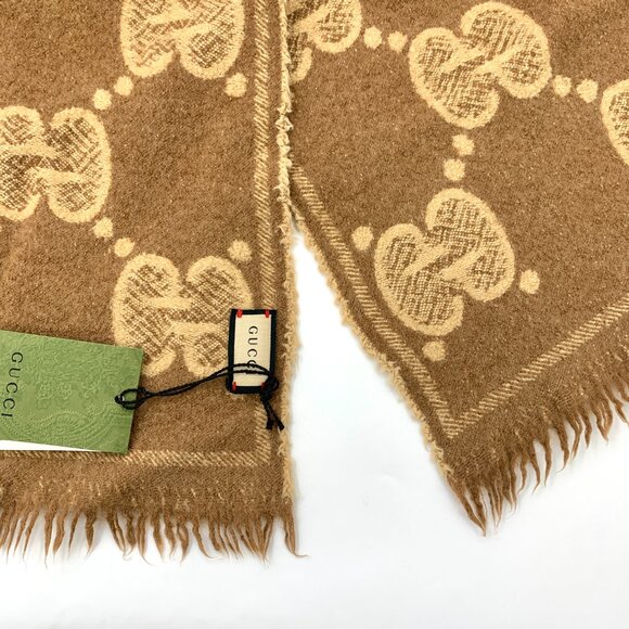 X15022 Gucci Brown Logo Jacquard Wool Fringe Scarf - Picture 6 of 9